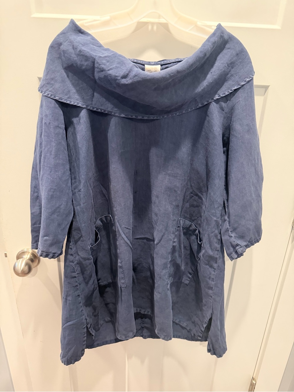 Match Point USA Medium Blue Linen Cowl Neck Lagenlook Dress Pockets Artsy